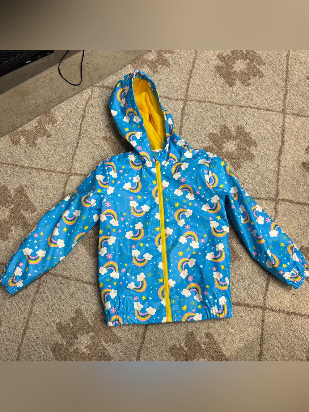 Kids Bright Blue and Yellow Rainbow Hooded Rain Jacket